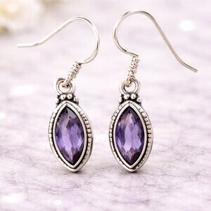 Natural Marquise Amethyst Earrings 925 Sterling Silver Vintage Style Dangle Earr